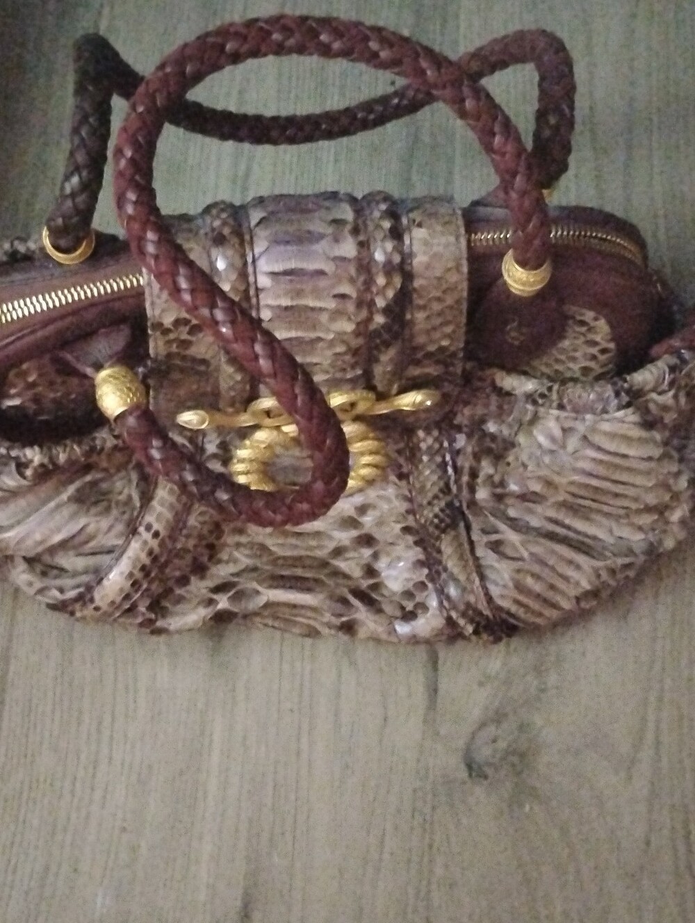 Judith Leiber Brown Braided-Handle Python Satchel with Gold Hardware